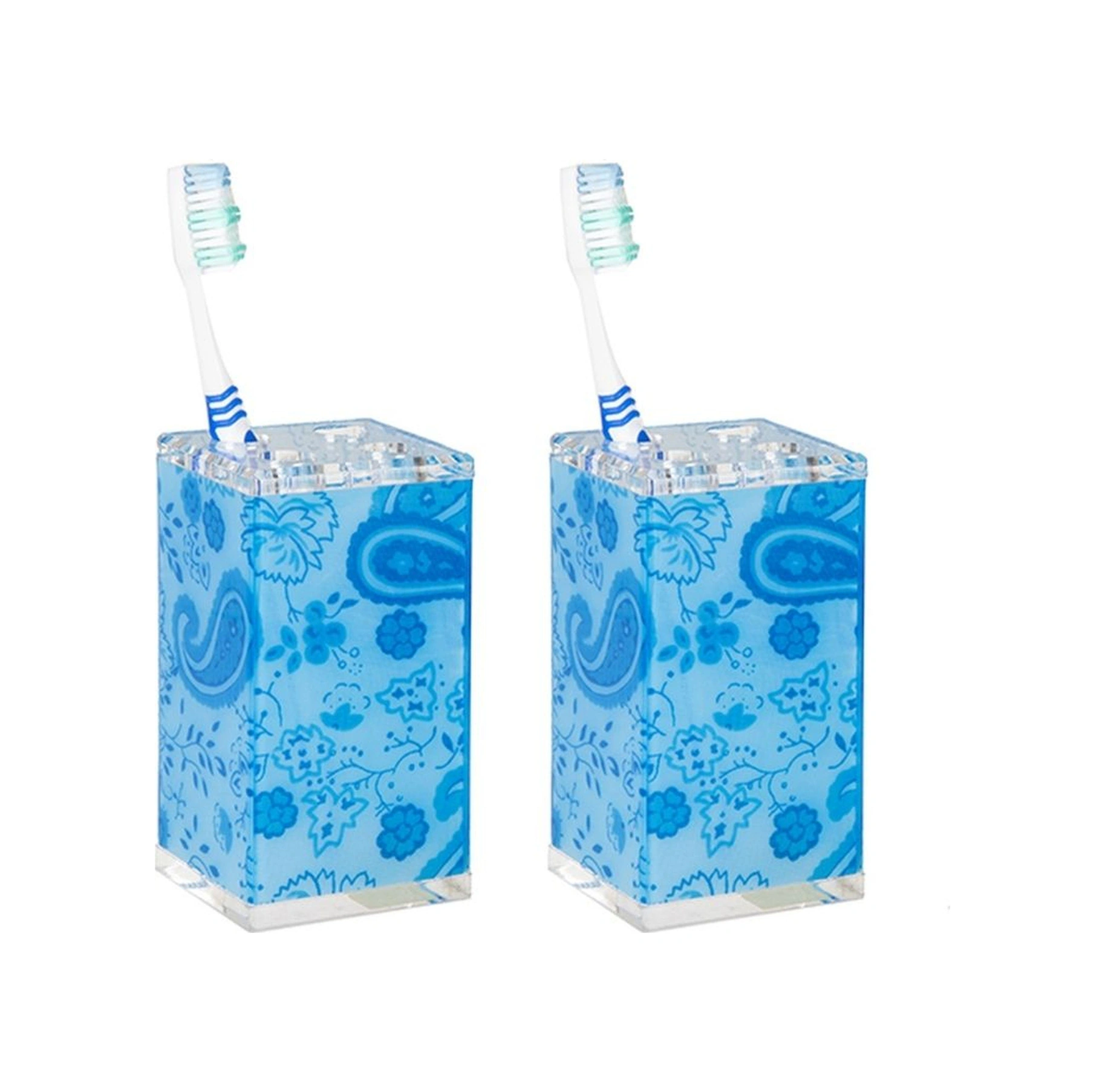 2 Adet Diş Fırçalık Mavi Çiçekli Akrilik 6x6x12cm Banyo Seti Çok Renkli