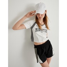 Koton Crop Polo Tişört V Yaka Kısa Kollu Slim Fit Ekru 4sal11005ık Ekru