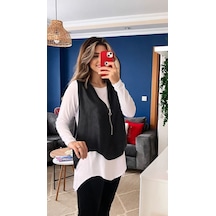 Efnaz Style Kadın Uzun Kol Asimetrik Kesim Viskon Bluz Ve Çatlak Deri Görünümlü Fermuar Detaylı Yelek Ikili Takım Beyaz