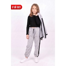 Panios Kids Kız Çocuk Fitilli Crop Ve Şerit Detaylı Eşofman Takımı Seti Gri