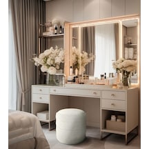 Gazzini Furniture Diana Slim Line Luxury Havlu Kumaş Silindir Dekoratif Makyaj Masası Puf Beyaz