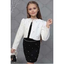 Riccotarz Kız Çocuk Üzeri Taş İşlemeli Etek Askılı Penye Bluz Ve Beyaz Blazer Ceket Etekli Takım 001