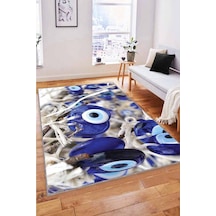 Lacivert Nazar Boncuğu Desenli 3d Kaymaz Tabanlı Halı Rv363n11