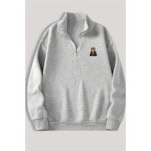 Gri Fermuarlı Dikyaka Sweatshirt- Minik Kedi - Kışık Şardonlu Kumaş Gri