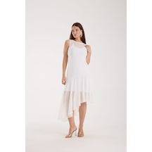 Eteği Volanlı Uzun Elbise Kırık Beyaz