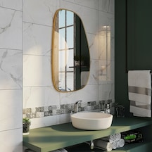 50x80 Cm Modern Organik Form Banyo Aynası Altın Çerçeveli Asimetrik Duvar Aynası Minimalist Şık Dekor Ayna Altın