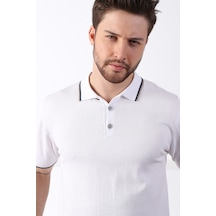Ferraro Beyaz/Bej Yaka Şerit Düğmeli Erkek Pamuk Triko T-Shirt