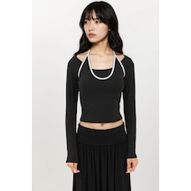Hiccup Halter Yaka Uzun Kollu Esnek Örme Top Siyah