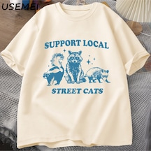 Flood Of Style Destek Yerel Sokak Kediler Retro T Shirt Komik Rakun T-shirt Streetwear Hayvan Kedi Sevgilisi Haki