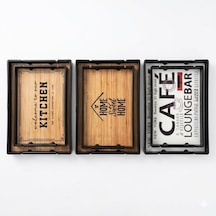 Deinhaus Dekoratif Servis Tepsisi Seti, Ahşap Desenli, Siyah Çerçeveli, 2'li Set, 35x25 Cm Ve 31x21 Cm, Mutfak Ve Cafe Temalı Çok Renkli