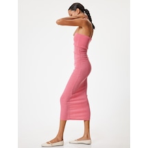Koton Straplez Elbise Midi Bodycon Bürümcük Kolsuz Drapeli Slim Fit Pembe 4sal80231ık Gül