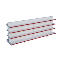Beyaz Metal Çift Yönlü Orta Reyon 4 Katlı 4'li Birleşik Market Raf Sistemi Market Rafı G360cm Yükseklik H140 Cm Kırmızı