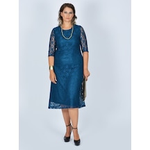 Nidya Moda Büyük Beden Sıfır Yaka Dantel Elbise-4036P Çok Renkli