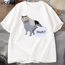 Tarzsokak Huh Kedi Komik Meme T Shirt Erkek Kadın Absurd Weirdcore T-shirt Rahat Yuvarlak Boyun Pamuk K 3031 Beyaz