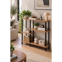 Modern 4 Raflı Kitaplık Salon Düzenleyici Metal Ayaklı Dekoratif Kitaplık Ve Çok Amaçlı Raf Ünitesi Çam