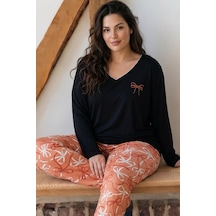 Siyah İnci Desenli Nakışlı Büyük Beden Battal Boy Viskon Örme Pijama Takım 26224832 Lacivert
