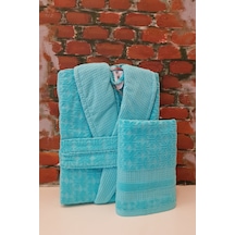 Unisex Turkuaz Lyre Kadife Şal Yaka Bornoz Baş Havlusu Set
