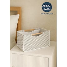 3 Adet Tahta Saplı Kumaş Kutu Organizer/düzenleyici 32x17x18cm Gri-beyaz