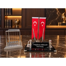 Velora Prestıge Newton Sılver 3 Parça Kişiye Özel Çift Kalemli Kristal Masa İsimliği Seti Siyah