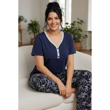 Siyah İnci Desenli Pamuklu Büyük Beden Battal Boy Örme Pijama Takım 26113870 Lacivert