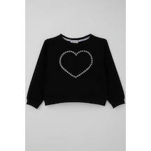Breeze Kız Çocuk Sweatshirt Taşlı Kalp Baskılı 7-12 Yaş, Siyah Siyah