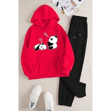 Uyguntarz Unisex Uykucu Panda Baskılı Rahat Eşofman Takımı Kırmızı