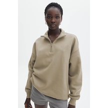 Madmext Bej Fermuar Detaylı Oversize Sweatshirt Mg1933 Bej