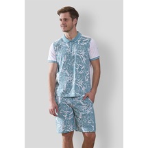DOREANSE Erkek Mavi Palmiye Desenli Polo Yaka %100 Pamuklu Şort T-Shirt Pijama Takımı 4562