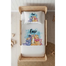 %100 Pamuk Saten İsme Özel İsimli 100x200 Tek Kişilik Lastikli Çarşaf Seti Winnie The Pooh Beyaz