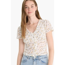 Defacto Fitted V Yaka Çiçekli Dokulu Kısa Kollu Bluz F4625ax25auyl514 Sari