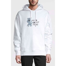 My Best Friend Baskılı Beyaz Erkek Örme Kapşonlu Sweatshirt