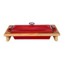 Lava Döküm Ekmek Tenceresi / Kayın Ağacı Servis Standı / Terrine Serisi. Ölçü 11x29cm. - Kırmızı