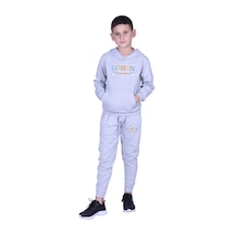 Kapüşonlu Kanguru Cepli Urban Yazı Baskılı Erkek Çocuk Eşofman Takımı Gri