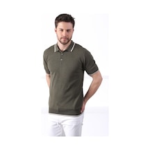 Ferraro Haki/Beyaz Yaka Şerit Düğmeli Erkek Pamuk Triko T-Shirt