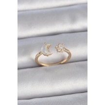 Ceylan Adam Pirinç Gold Renk İncili Hilal Zirkon Taşlı Yıldız Ayarlanabilir Model Kadın Yüzük Çok Renkli