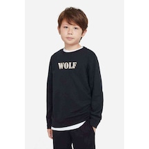 Tshirthane Wolf Baskılı Unisex Çocuk Siyah Sweatshirt Siyah