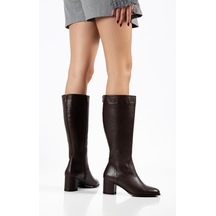 Analin Shoes Kadın Hakiki Deri Arkası Fermuarlı Ayarlanabilir Konçlu Topuklu Çizme Kahve