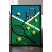 Tenis Raketleri Siyah Ahşap Çerçeveli Poster, Dekoratif Tenis Duvar Tablosu