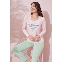 Siyah İnci Pamuklu Örme Pijama Takım 24240155 Pembe
