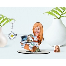 Kişiye Özel Kadın Bankacı Karikatürlü 3D Ahşap Biblo Ve Isimli Si