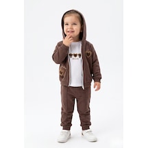 Toontoy Kids Toontoy Kız Çocuk 3'lü Eşofman Takımı Uzun Kollu Bisiklet Yaka Nakışlı T-shirt - Kapüşonlu Fermuarlı Hırka- Beli Paçası Lastikli Eşofman Altı 25041 Kahve