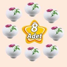 8 Adet Pembe Gül Desenli Beyaz Polimer Düğme Kulp Mantar Mobilya Mutfak Dolabı Çekmece Kulbu Kulpları Çok Renkli