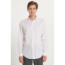 Tudors Erkek Slim Fit Dar Kesim Düğmeli Spor Yaka Keten Efekt %100 Pamuk Sarı Çizgili Yazlık Gömlek-35290 Sarı