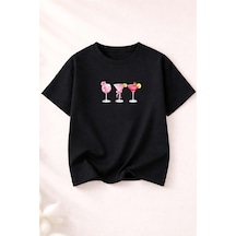 Herkesemoda Summer Baskı Detaylı Kadın Bisiklet Yaka Pamuklu T-shirt Siyah