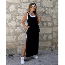 Veraura Lifestyle Kadın Yırtmaç Detaylı Viskon Kumaş Maxi Boy Cepli Iç Dahil Ikili Elbise Siyah