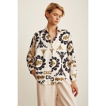 Never More V Yaka Desenli Saten Gömlek Bej