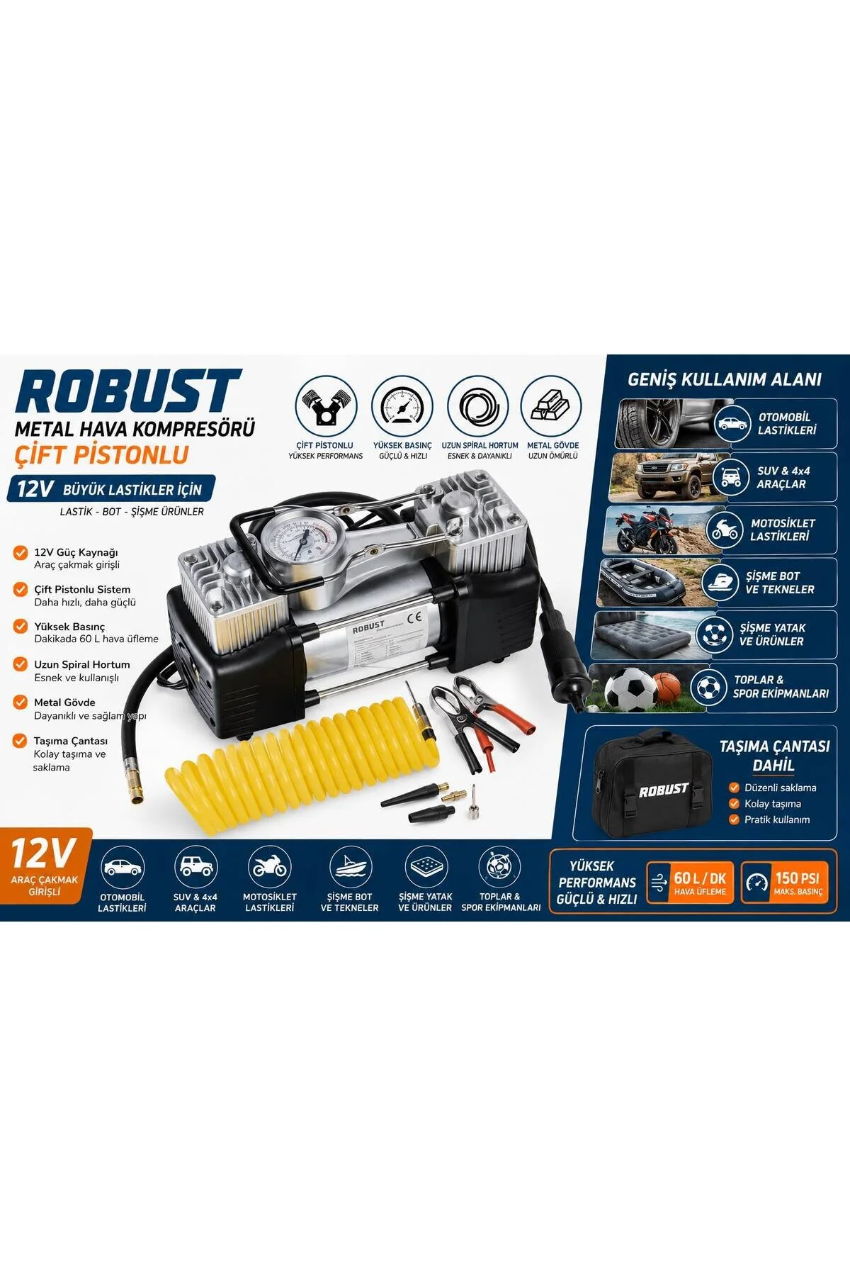 12v Metal Hava Kompresörü Çift Pistonlu Lastik Bot Şişirme Büyük Lastikler İçin Çantalı Model Kompresör