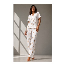 Fit Women Kadın Klasik Doğal Düğme Gece Kırık Beyaz Pijama Takımı