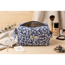 Kapitone Dikişli Denim Papatyalı Makyaj Çantası / Organizer - %100 Pamuk Kumaş Denim - Papatyalı
