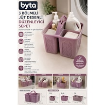 3 Bölmeli Jüt Desenli Çok Amaçlı Düzenleyici Sepet Taşıma Saplı Deterjan Organizeri 1,5l + 2,5l + 5l Mor